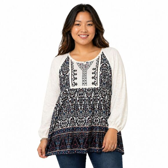 Vintage America Tops - Boho Peasant Tunic Top Embroidered Print Long Sleeve Womens L